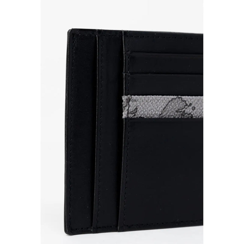Alviero Martini prima classe men leather wallet black with textured gray fabric strip and subtle map pattern