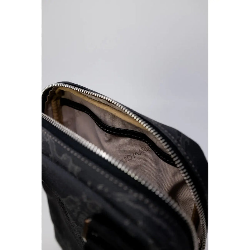 Alviero Martini Prima Classe Herren-Schultertasche, schwarz, Crossbody-Tasche mit Camouflage-Muster, silberner Reißverschluss, beiges Futter