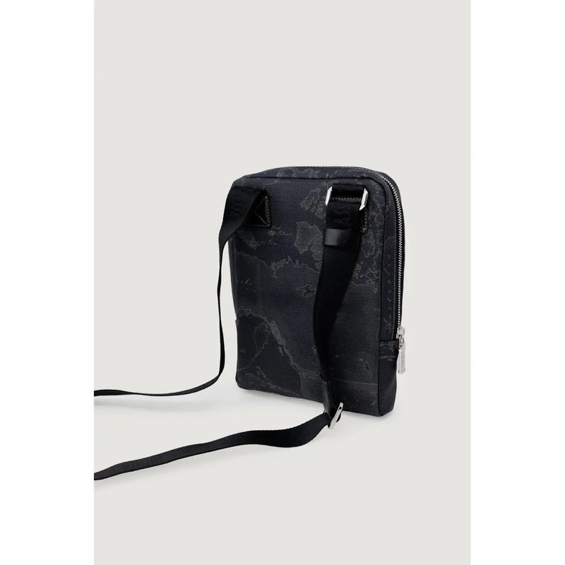 Alviero Martini Prima Classe Herren-Schultertasche, schwarz mit dezentem grauen Marmormuster und silbernen Reißverschlüssen, 27 cm breit