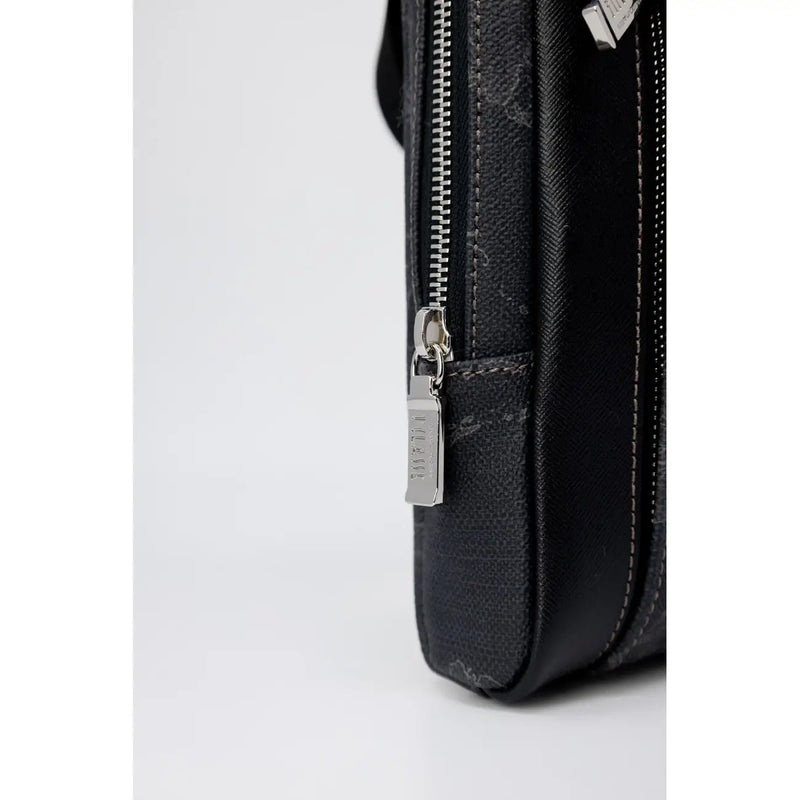Alviero Martini Prima Classe Herren-Schultertasche, schwarze Leder-Aktentasche mit silbernem Reißverschluss und Zipper, 27 cm breit