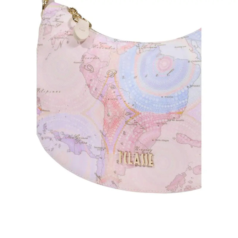 Alviero Martini Prima Classe Tasche mit Reißverschluss in zartem Rosa-Blau-Kartenmuster und goldfarbenen Beschlägen