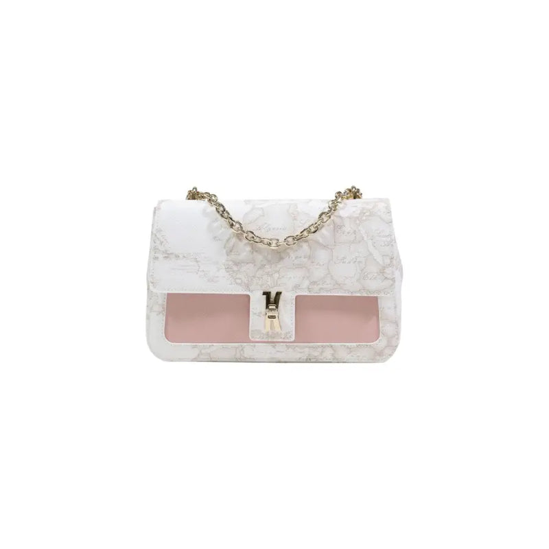 Alviero martini prima classe white print bag with white floral pattern pink panels and gold chain strap