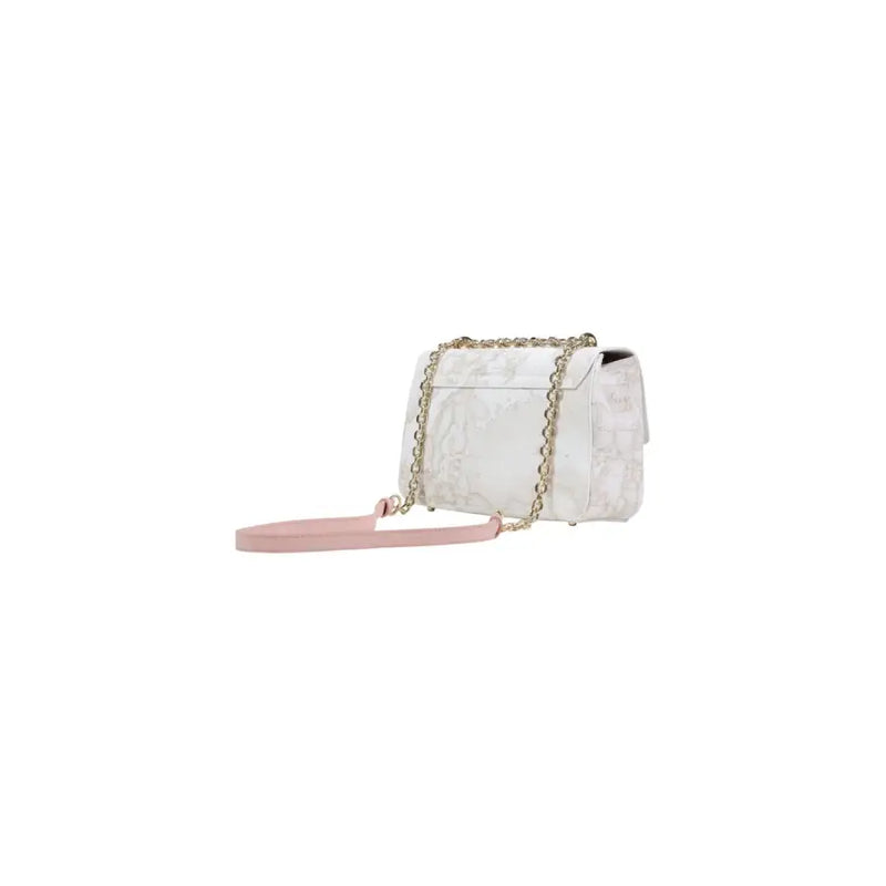Alviero Martini Prima Classe white textured handbag with gold chain and pink strap featuring a clip closure