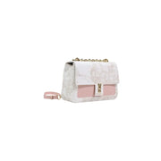 A stylish alviero martini prima classe white print bag with blush pink marble pattern gold hardware and chain strap