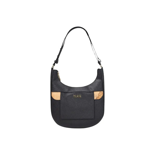 Schwarze Hobo-Schultertasche aus Leder von Alviero Martini Prima Classe für Damen mit hellbraunen Korkakzenten und goldfarbenem Klasse-Logo