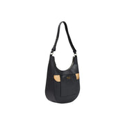 Alviero Martini Prima Classe women black leather hobo shoulder bag with tan accents and gold-tone logo plaque
