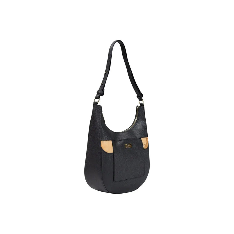 Alviero Martini Prima Classe women black leather hobo shoulder bag with tan accents and gold-tone logo plaque