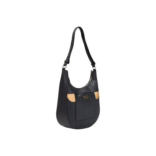 Schwarze Hobo-Schultertasche aus Leder von Alviero Martini Prima Classe für Damen mit hellbraunen Akzenten und goldfarbenem Logo-Emblem.