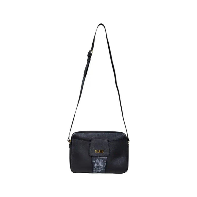 Black rectangular shoulder bag with patterned flap and zip closure by Alviero Martini Prima Classe