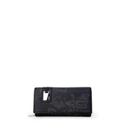 Alviero Martini Prima Classe womens black textured wallet with gray floral pattern and silver clasp