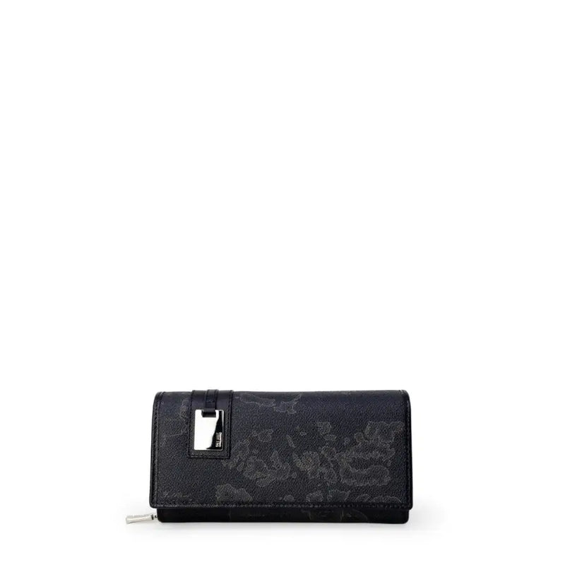 Alviero Martini Prima Classe womens black textured wallet with gray floral pattern and silver clasp