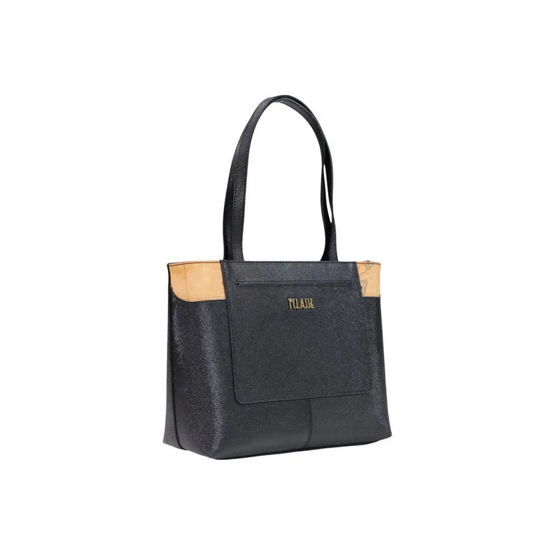 Alviero Martini Prima Classe women handbag black and tan leather tote bag with textured finish and milada gold logo
