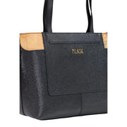 Alviero Martini Prima Classe women handbag black PVC tote bag with tan leather accents and gold tone tilaxe branding