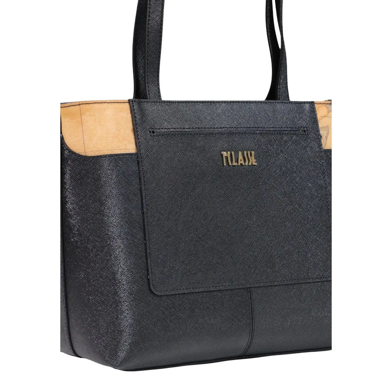 Alviero Martini Prima Classe women handbag black PVC tote bag with tan leather accents and gold tone tilaxe branding
