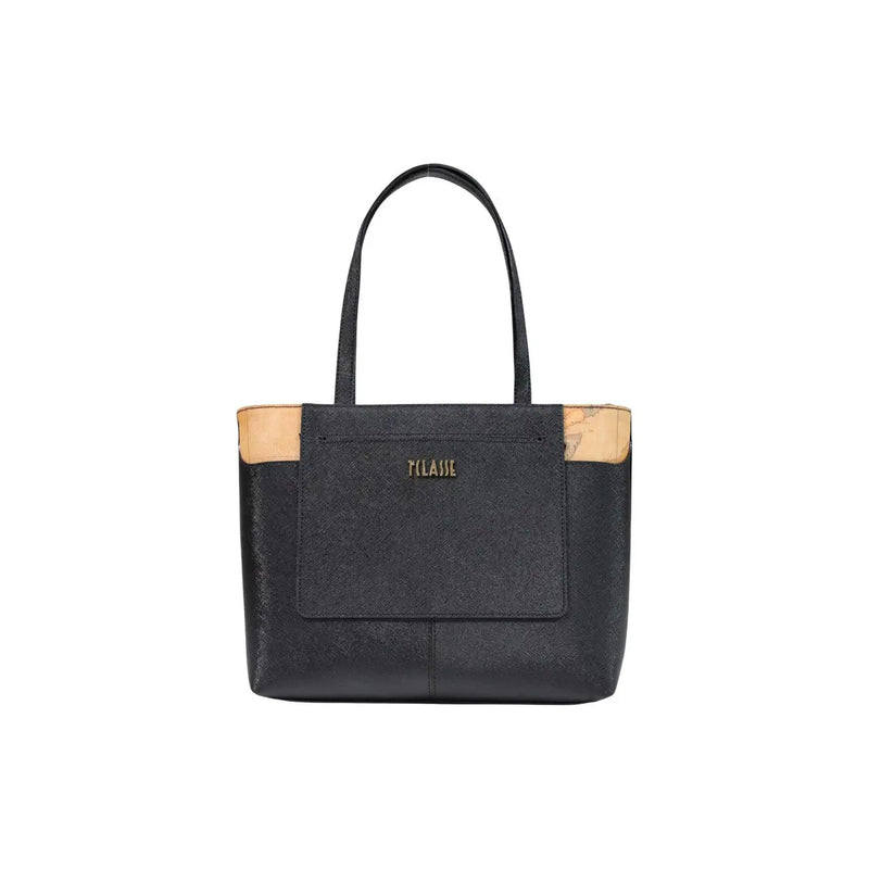 Alviero Martini Prima Classe women handbag black textured pvc tote with tan leather accents and gold-tone plaisie branding