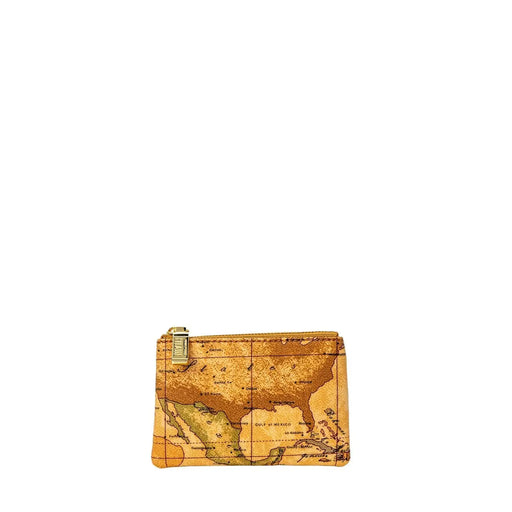 Kleine beigefarbene Damen-Ledertasche von Alviero Martini Prima Classe mit kompakter Tasche im Vintage-Karten-Design und goldfarbenem Reißverschlussanhänger