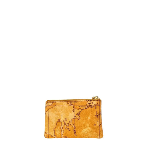 Die kleine, beigefarbene Damen-Ledertasche von Alviero Martini Prima Classe verfügt über ein kompaktes, senfgelbes Münzfach aus Leder mit Vintage-Kartenmuster und goldenem Reißverschluss.