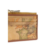 Alviero Martini Prima Classe Damen-Geldbörse aus beigefarbenem Leder mit Vintage-Kartenmotiv in Braun und Grün und goldenem Reißverschlussanhänger