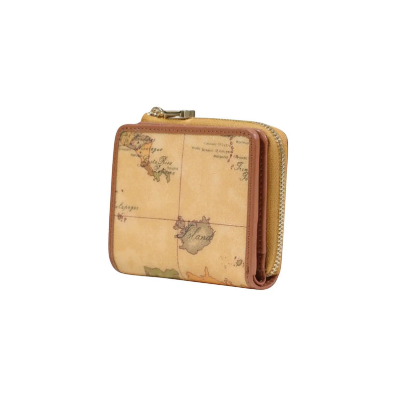 Alviero Martini Prima Classe Damen-Ledergeldbörse in Beige, kleine Größe, mit Vintage-Kartenmuster und goldfarbenem Reißverschluss
