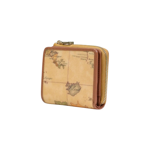 Alviero Martini Prima Classe Damen-Ledergeldbörse in Beige, kleine Größe, mit Vintage-Kartenmuster und goldfarbenem Reißverschluss