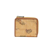 Alviero Martini Prima Classe Damen-Ledergeldbörse, beige, klein, mit hellbraunem Leder und Vintage-Kartenmotiv