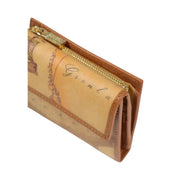 Alviero Martini Prima Classe Damengeldbörse aus beigefarbenem Leder mit Vintage-Kartenmotiv, goldener Reißverschluss und Ziernähte, 12 x 10 x 2 cm