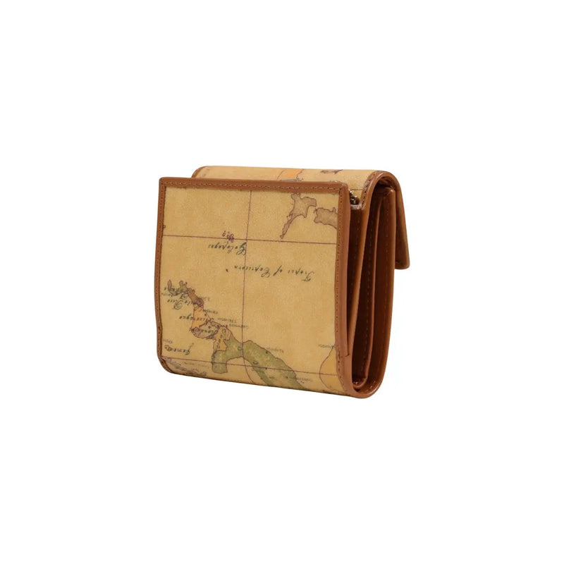 Alviero Martini Prima Classe Damengeldbörse, beige, dreifach gefaltet, mit Vintage-Kartenmotiv und braunem Lederbesatz, 12 x 10 x 2 cm