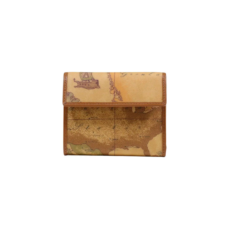 Alviero Martini Prima Classe Damengeldbörse aus beigefarbenem Leder mit Vintage-Motiv (Antike Landkarte und Segelschiff), 12 x 10 x 2 cm