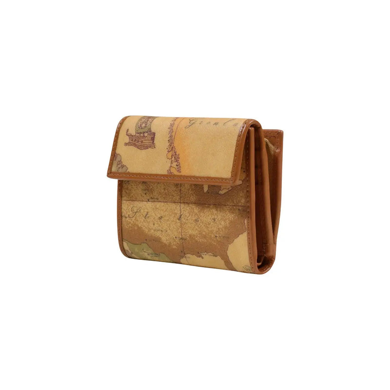 Alviero Martini Prima Classe Damen-Geldbörse aus beigebraunem Leder mit detailliertem, sepiafarbenem Kartenmotiv, 12 x 10 x 2 cm
