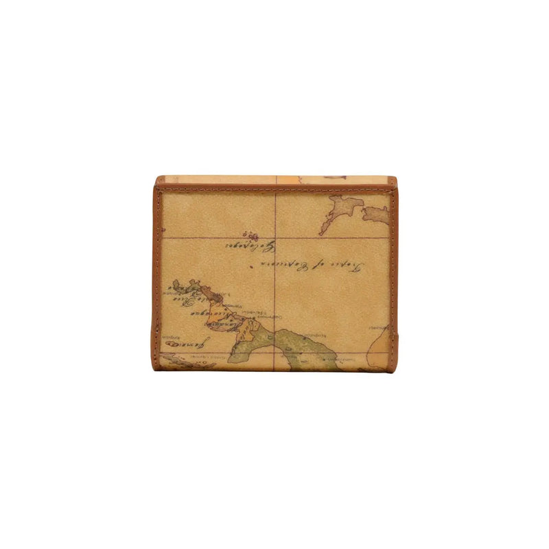 Alviero Martini Prima Classe Damengeldbörse, beige mit Vintage-Kartenmotiv, hellbraunen Lederkanten und Oberfläche aus gealtertem Papier
