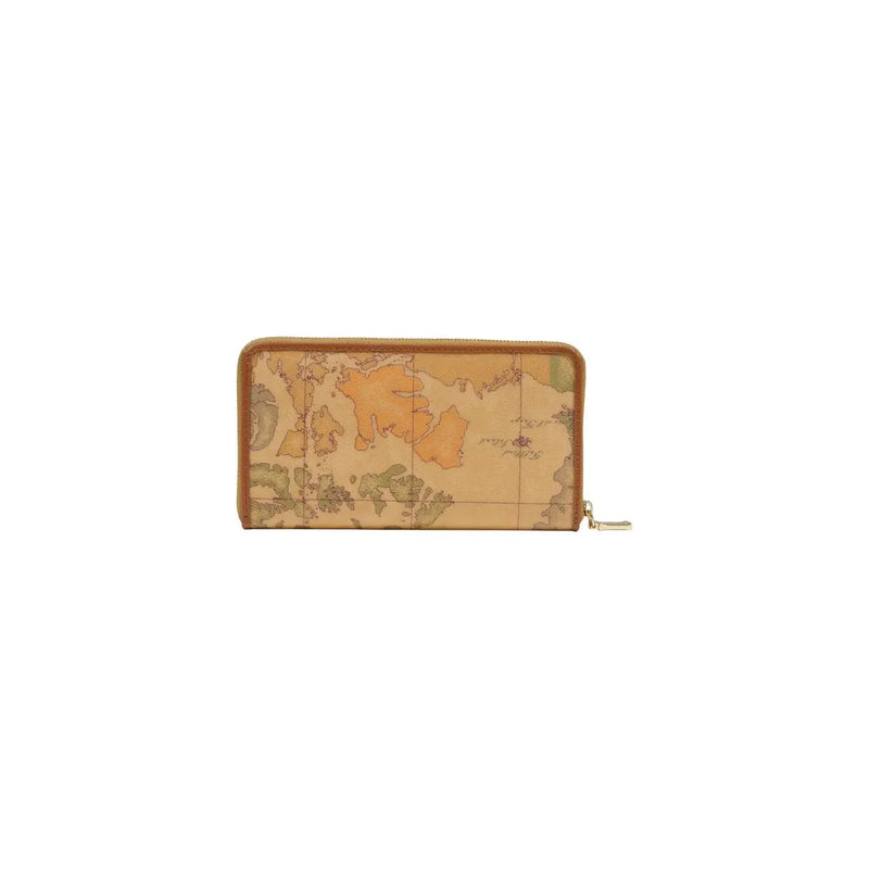 Alviero Martini Prima Classe Damen-Geldbörse aus beigefarbenem Leder mit Vintage-Weltkartenprint und hellbraunem Lederbesatz, rechteckig, mit Reißverschluss