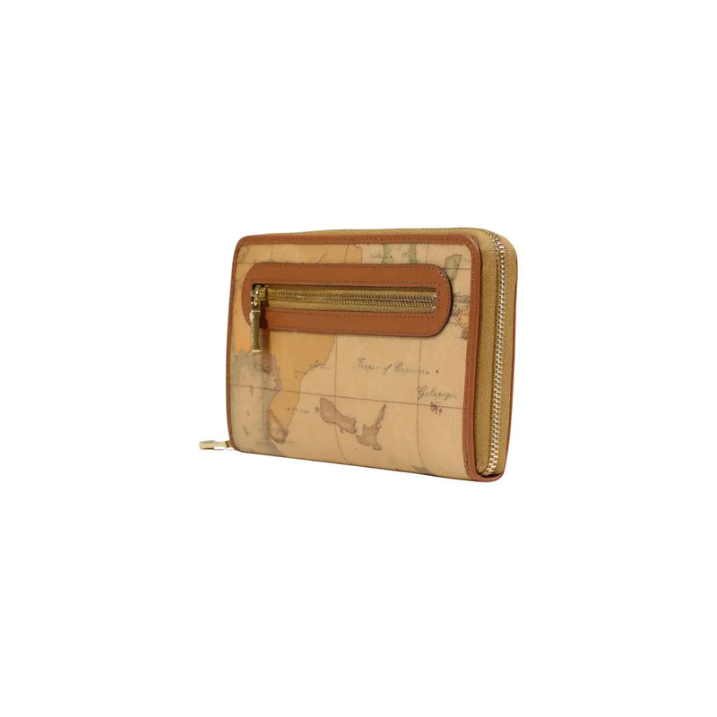 Beigefarbene Alviero Martini Prima Classe Damengeldbörse mit Vintage-Kartenmotiv und hellbraunem Lederbesatz aus Leder