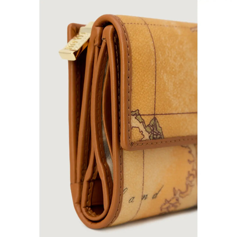 Alviero Martini Prima Classe Damengeldbörse aus braunem Leder mit Vintage-Kartenmotiv und goldfarbenem Reißverschlussanhänger