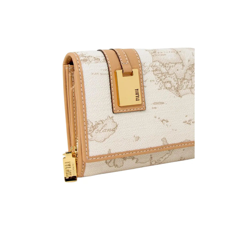 Alviero Martini Prima Classe Damengeldbörse aus weißem Leder mit cremefarbenem Zierstreifen im Vintage-Weltkarten-Print und goldfarbenen Beschlägen