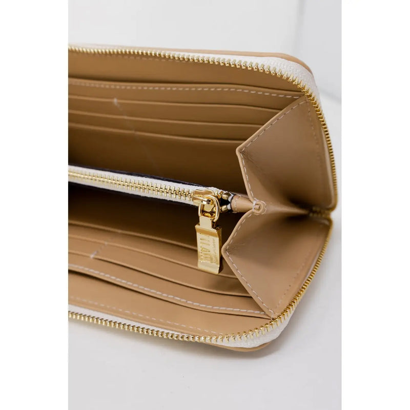 Beigefarbene Alviero Martini Prima Classe Damen-Geldbörse aus Leder mit weißem Reißverschluss, goldfarbenem Reißverschluss und Zipper, 12 x 19 cm