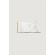 Alviero Martini Prima Classe Damen-Geldbörse, weiß, mit Reißverschluss, grauem Marmormuster und beigefarbenem Lederbesatz, 12 x 19 cm