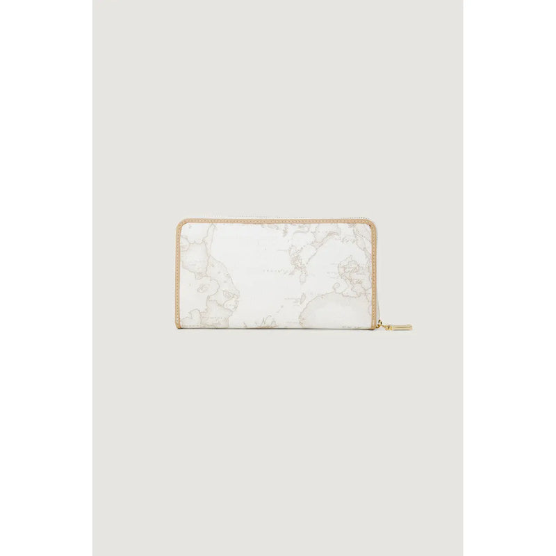 Alviero Martini Prima Classe Damen-Geldbörse, weiß, mit Reißverschluss, grauem Marmormuster und beigefarbenem Lederbesatz, 12 x 19 cm