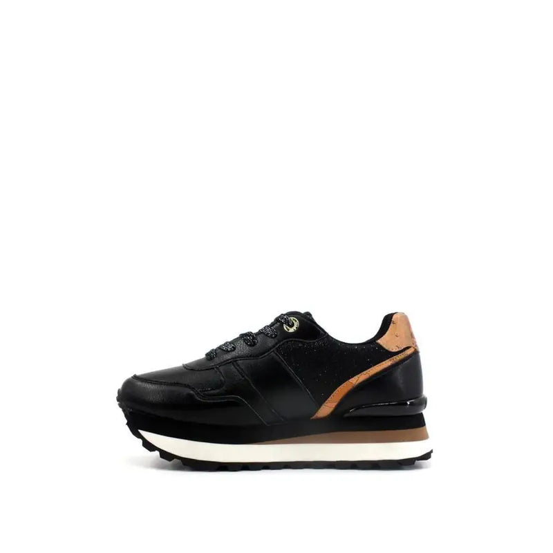 Alviero Martini Prima Classe women’s black platform sneaker with tan leather accents and white midsole