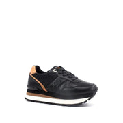 Alviero Martini Prima Classe women’s black platform sneaker with tan leather accents and white midsole