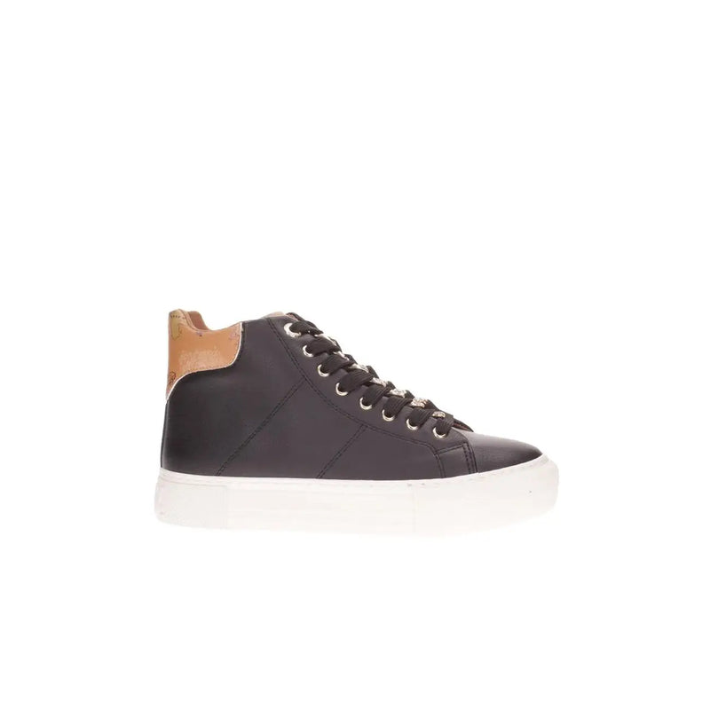 Alviero Martini women black slip on high-top sneaker with tan leather heel accent and white rubber sole back view