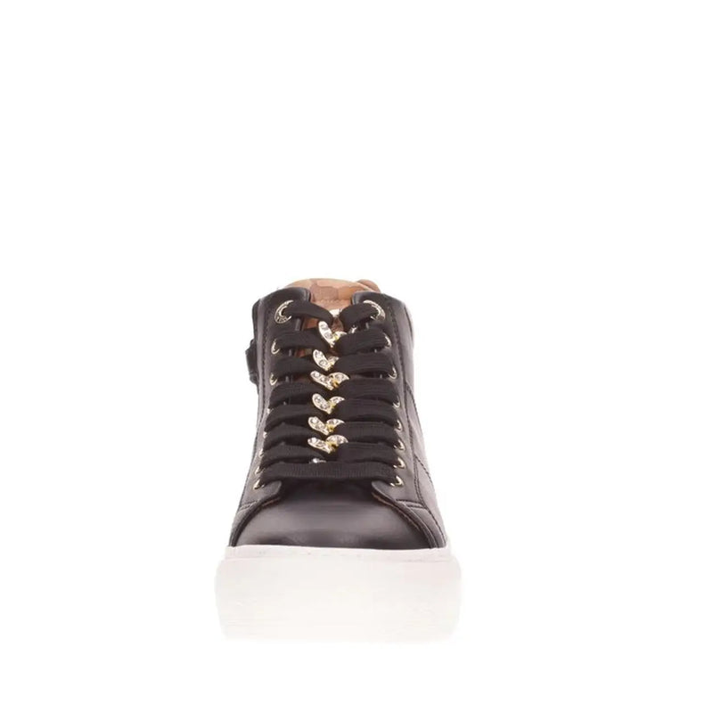 Alviero Martini women black slip on sneaker with heart-shaped metallic lace eyelets and white rubber sole