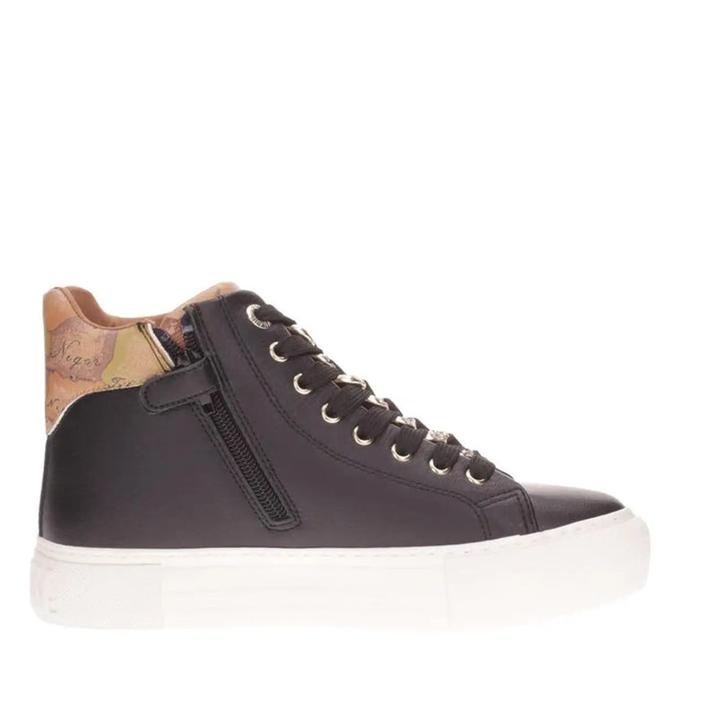 Alviero martini women black slip on sneakers featuring a white rubber sole silver eyelets side zipper and tan map pattern panel