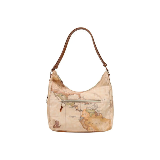 Beige Alviero Martini Damen-Schultertasche aus braunem Leder mit Vintage-Weltkartenprint und braunem Lederriemen