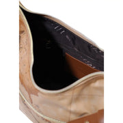 Alviero Martini women brown leather shoulder bag featuring beige cork texture with tan leather and gold zipper details