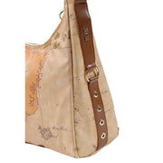 Alviero Martini women brown leather shoulder bag featuring beige map pattern with brown strap and gold-tone hardware