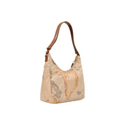 Beige map-patterned shoulder bag with brown leather strap by Alviero Martini for women model W32