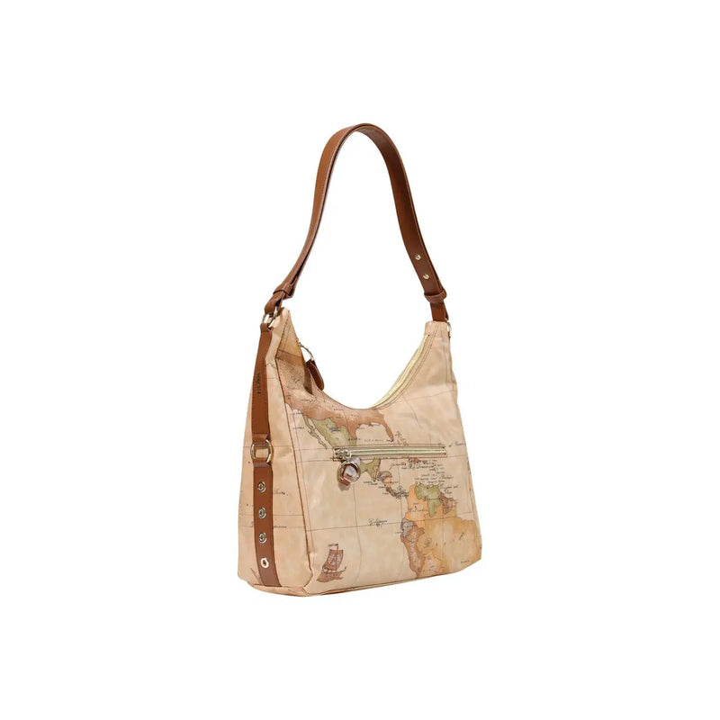 Alviero Martini women brown leather shoulder bag with beige map pattern and metallic hardware straps