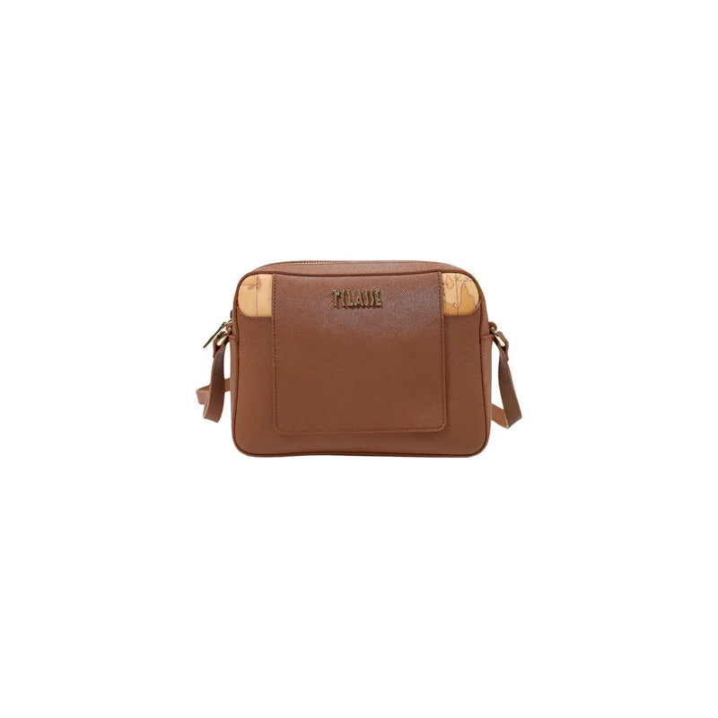 Alviero Martini women brown PVC crossbody bag with tan map-patterned accents and gold-tone mare logo 21 x 16 cm