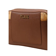 Braune Clutch aus strukturiertem Leder mit goldfarbenem Mailänder Logo und Kartenmuster, Alviero Martini PVC-Tasche, 21 x 16 cm