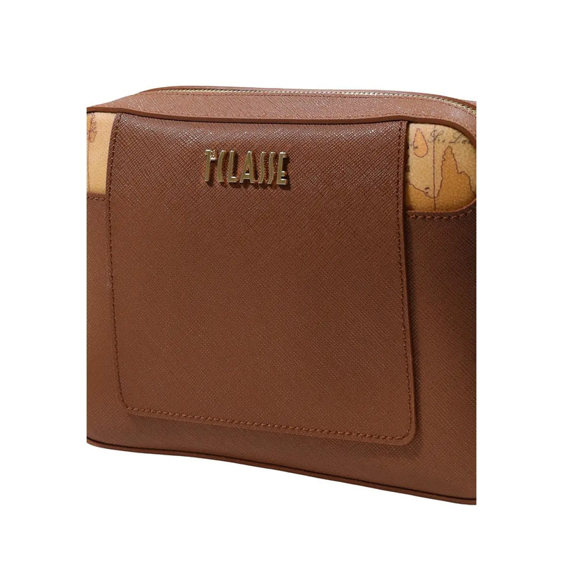 Braune Clutch aus strukturiertem Leder mit goldfarbenem Mailänder Logo und Kartenmuster, Alviero Martini PVC-Tasche, 21 x 16 cm